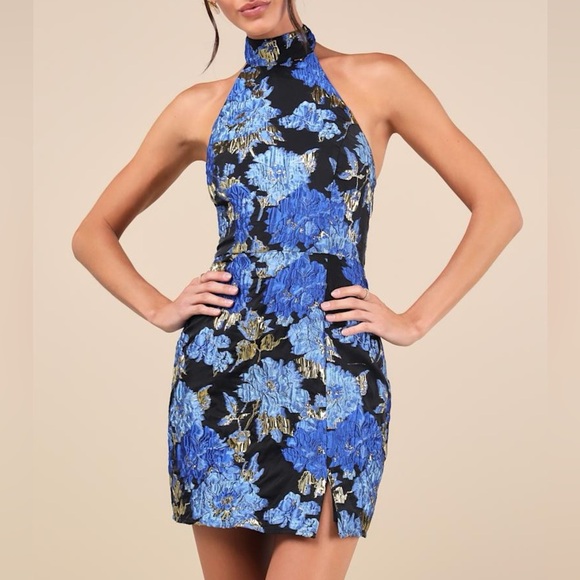 Lulus Dresses & Skirts - Lulus NWT Extraordinary Impression Black Floral Jacquard Halter Mini Dress XL